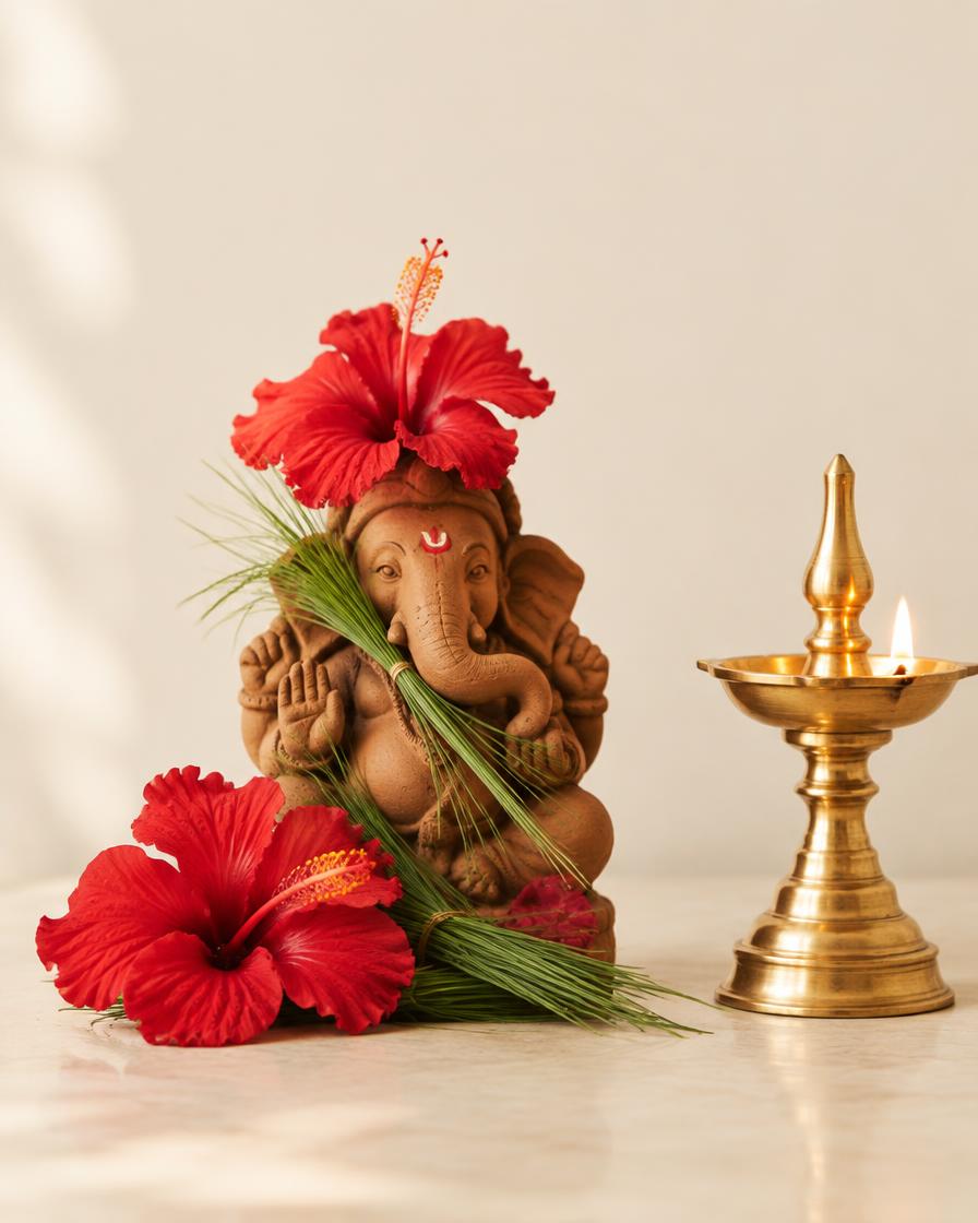 Clay Ganesha idol with red hibiscus and a brass lamp