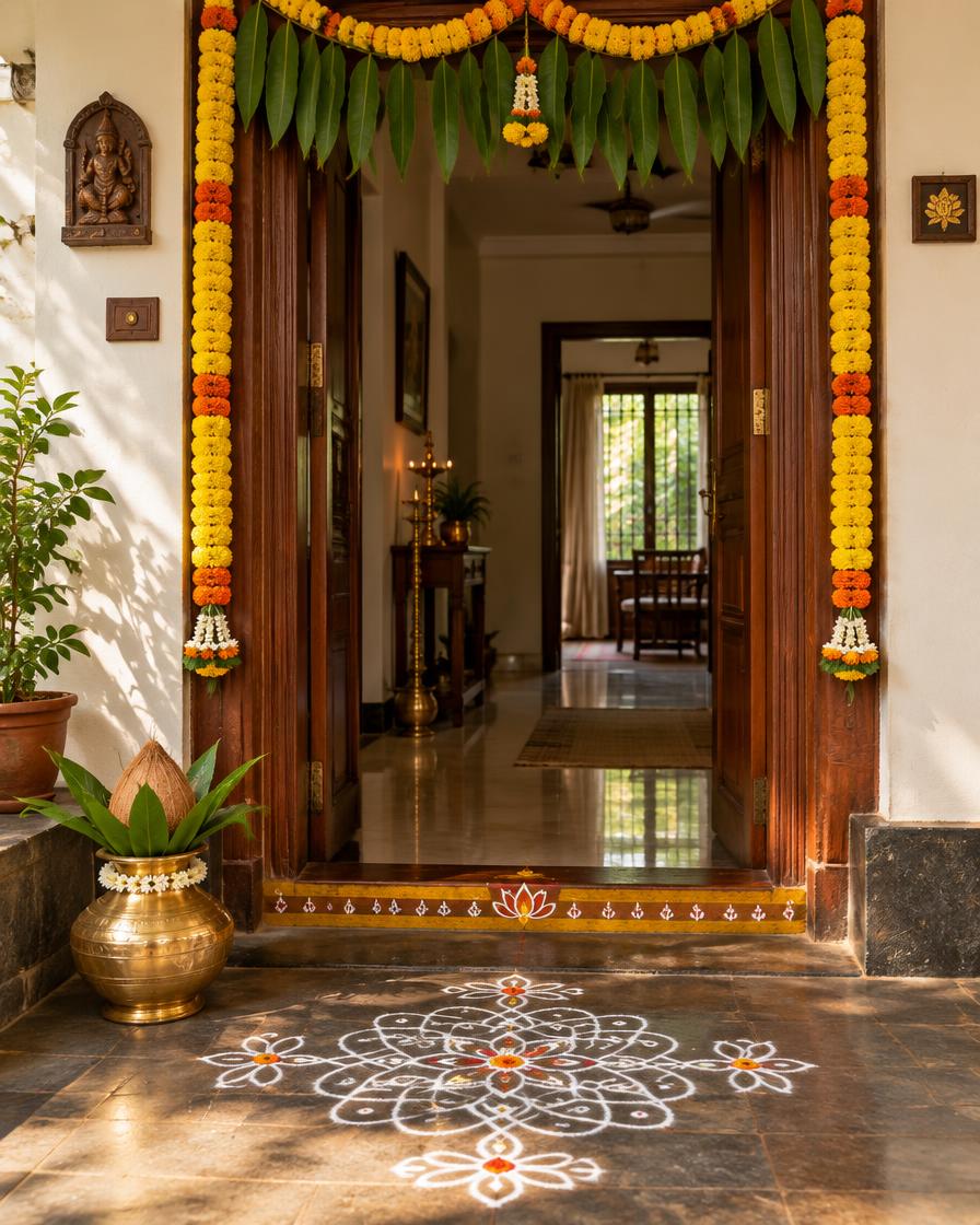 Home doorway decorated with mango leaves, marigold garlands and kolam