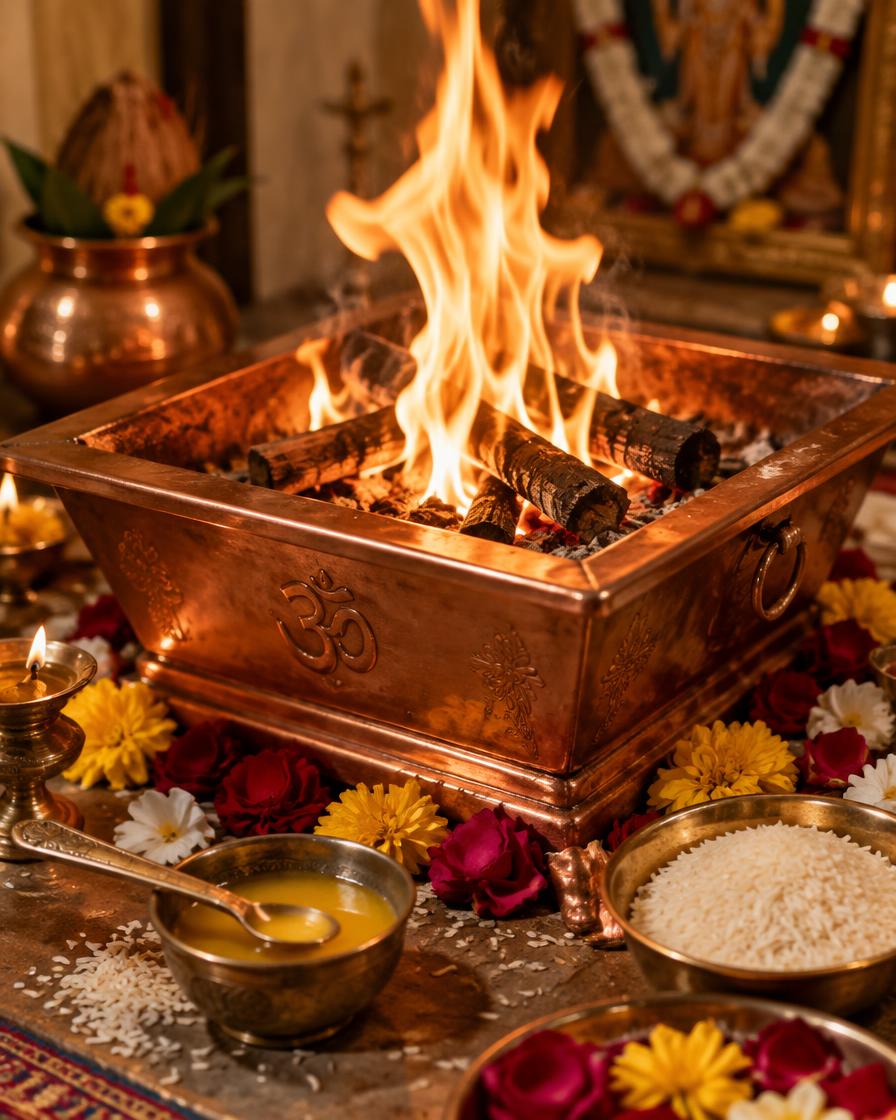 Sacred fire in a copper homa kundam surrounded by flowers and ghee