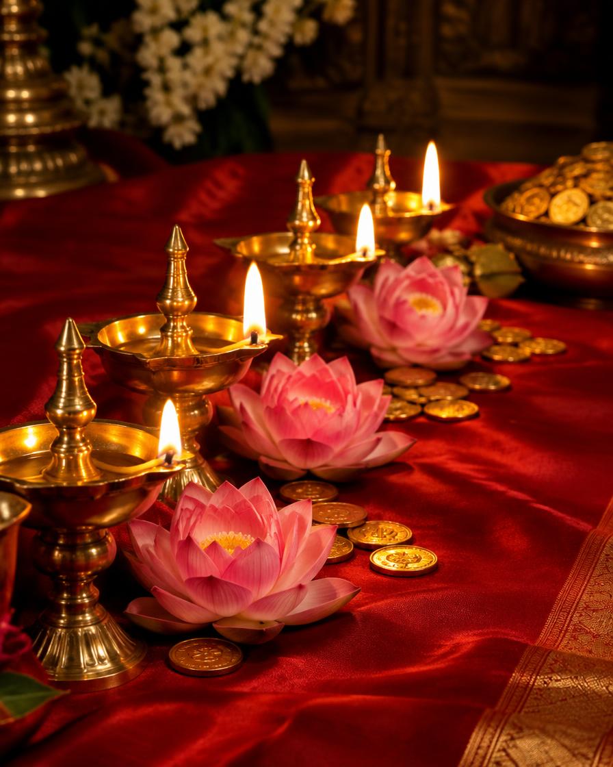 Brass diyas, pink lotuses and coins on red silk