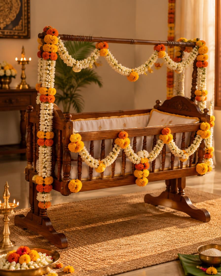 Wooden cradle decorated with jasmine and marigold garlands