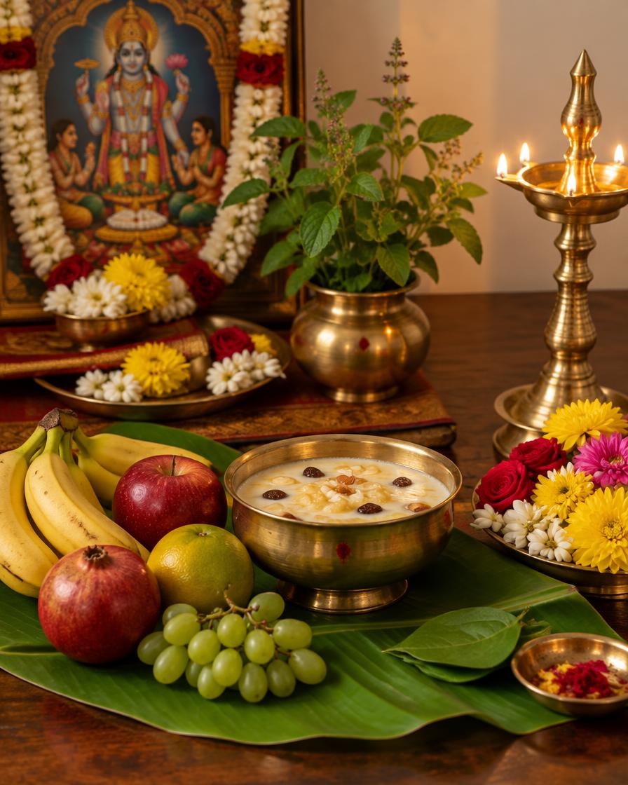 Fruits, panchamrutham and flowers on a banana leaf with a brass lamp