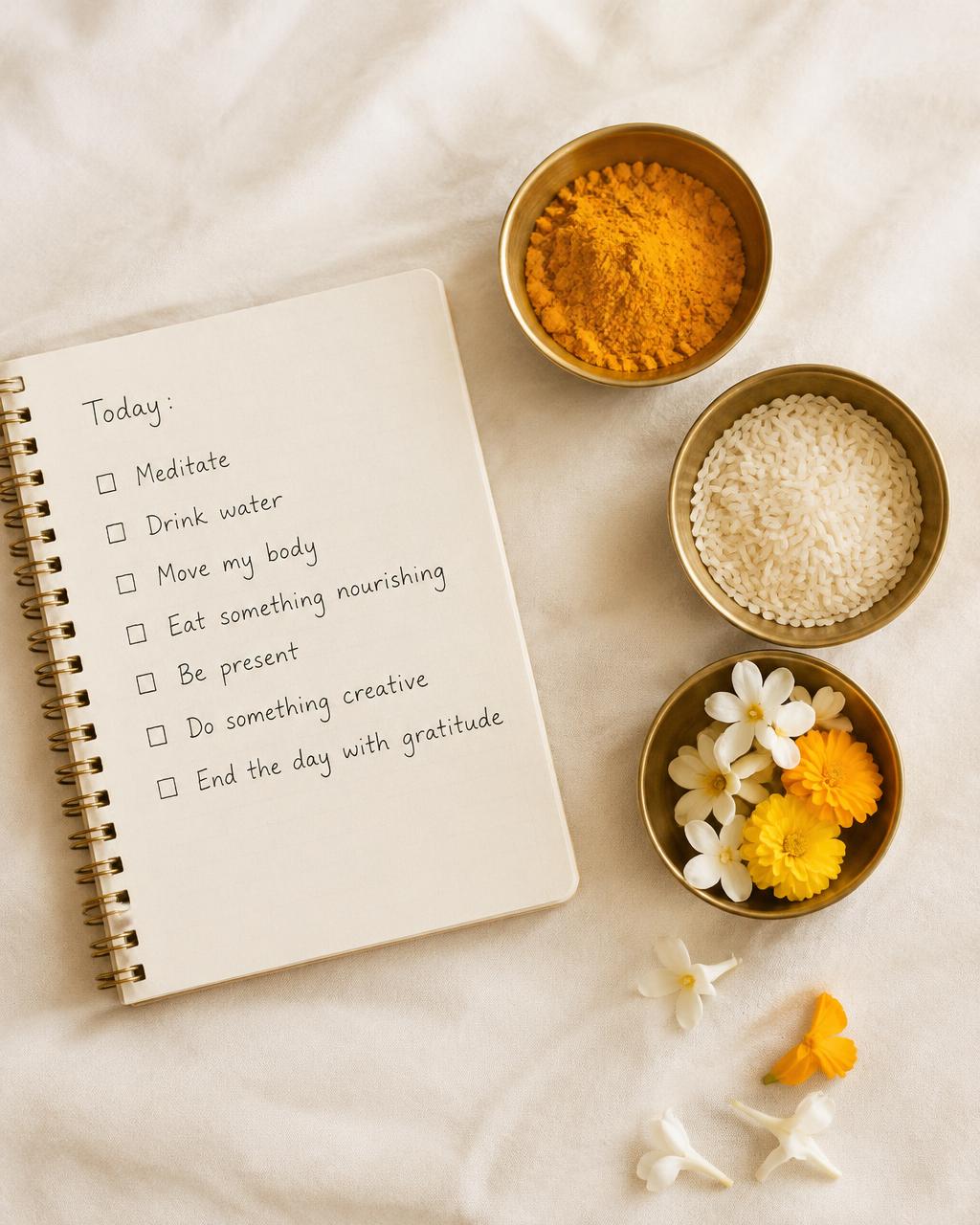 A notebook checklist beside brass bowls of turmeric, rice and flowers