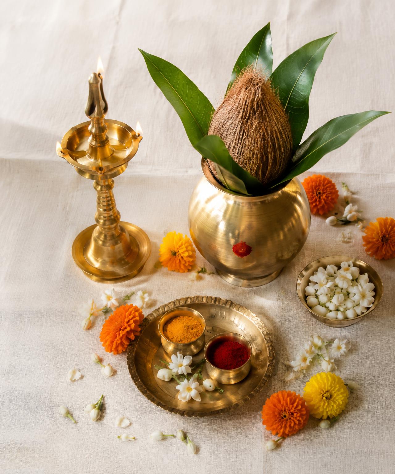 Brass lamp, kalash with mango leaves and coconut, turmeric and kumkum arranged on ivory cloth with marigolds and jasmine
