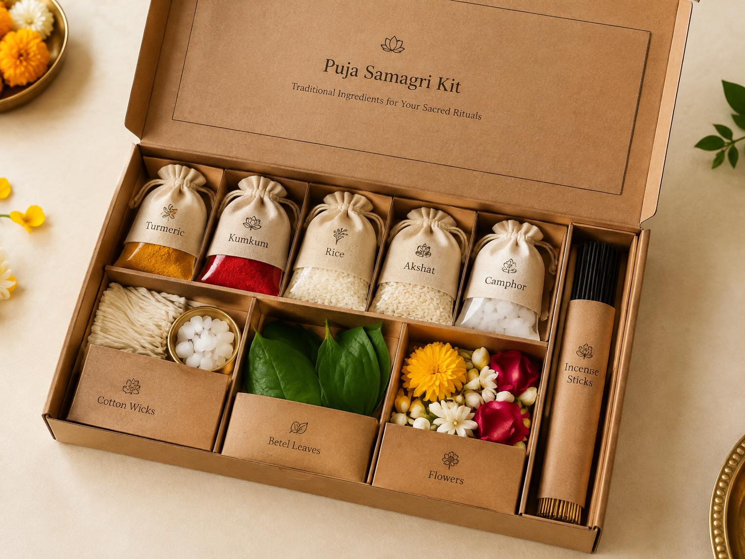 An organized puja samagri kit with labelled pouches of turmeric, kumkum, rice and camphor